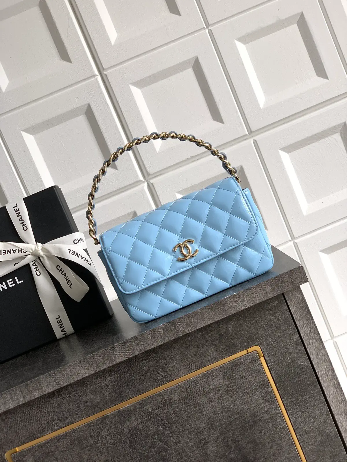 Chanel Light Blue Quilted Patent Leather Top Handle Bag image 1