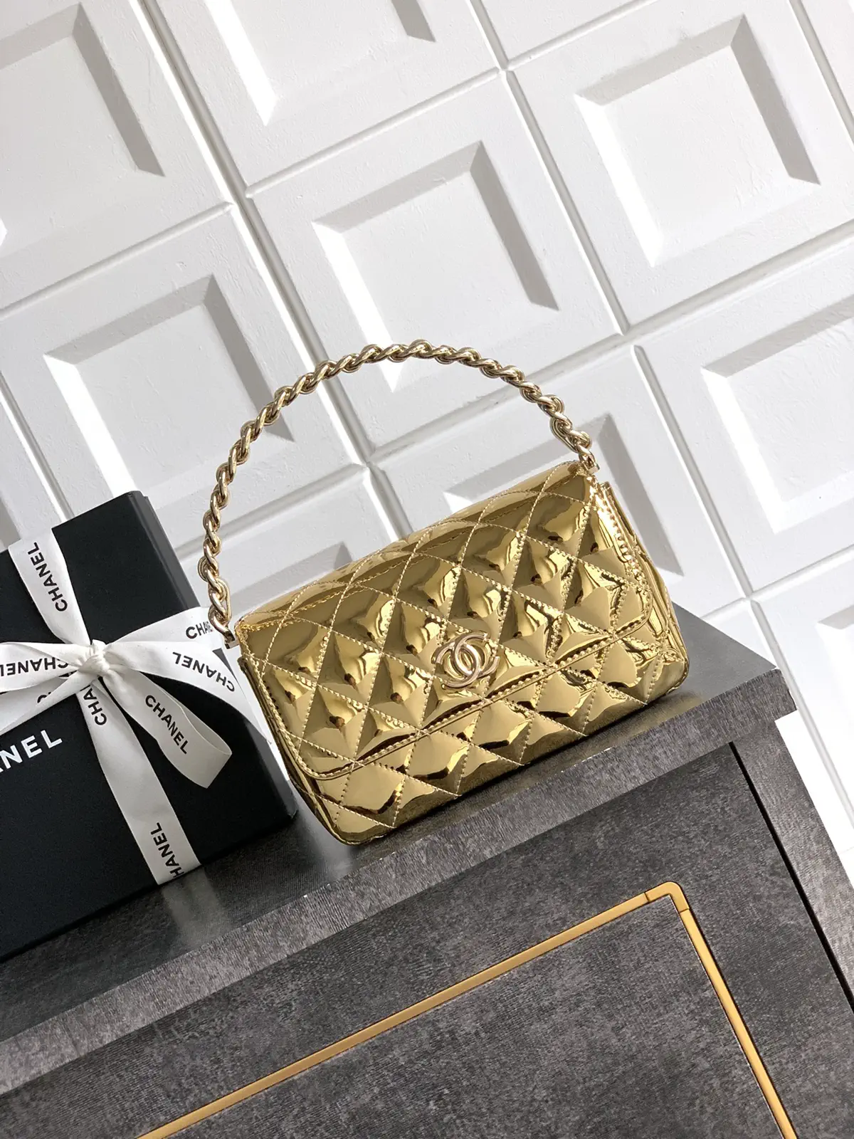 Chanel Gold Quilted Patent Leather Top Handle Bag image 1