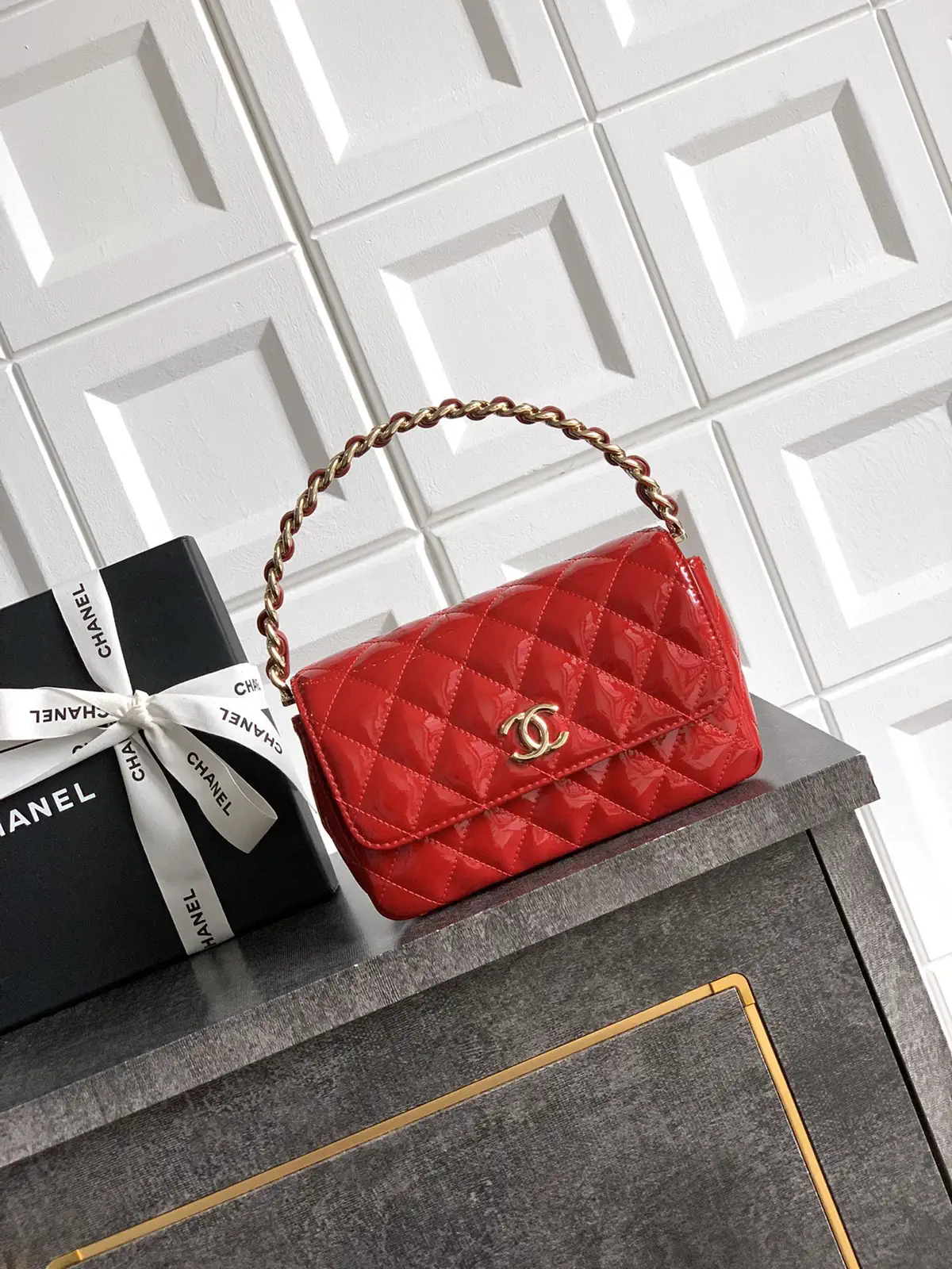 Chanel Red Quilted Patent Top Handle Bag image 1