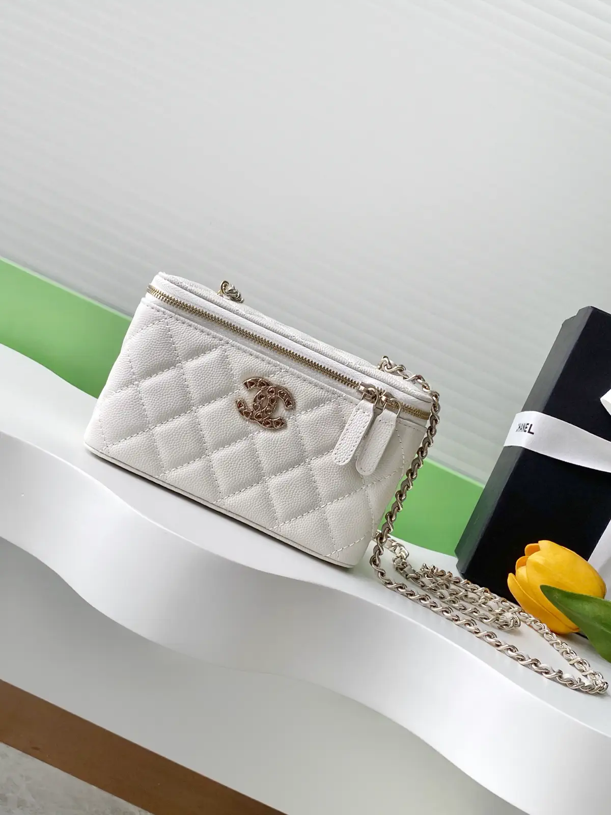 Chanel White Quilted Cosmetic Bag with Chain Strap image 1