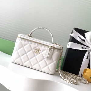 Chanel White Quilted Vanity Bag with Pearl Handle image 1