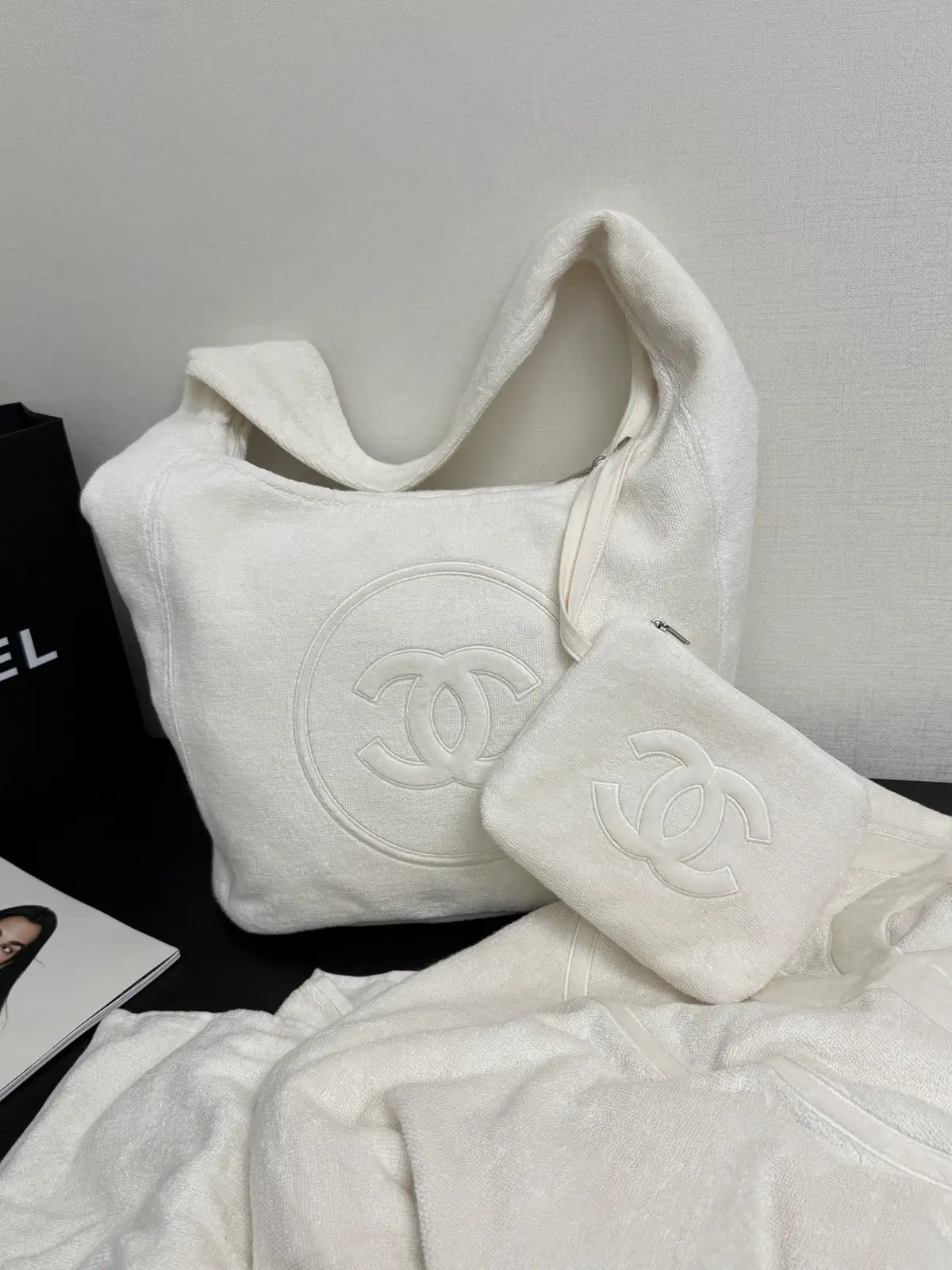 Chanel White Terry Tote Bag with Pouch image 1