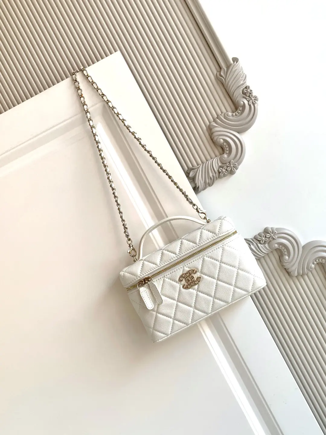 Chanel White Quilted Top Handle Bag with Chain Strap image 1