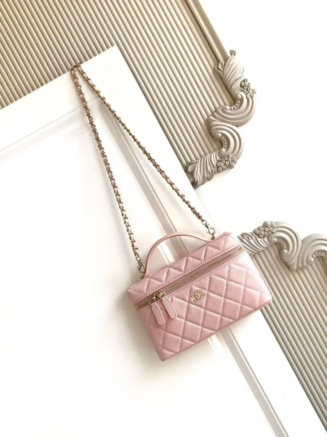 Chanel Pink Quilted Top Handle Bag with Chain Strap image 1