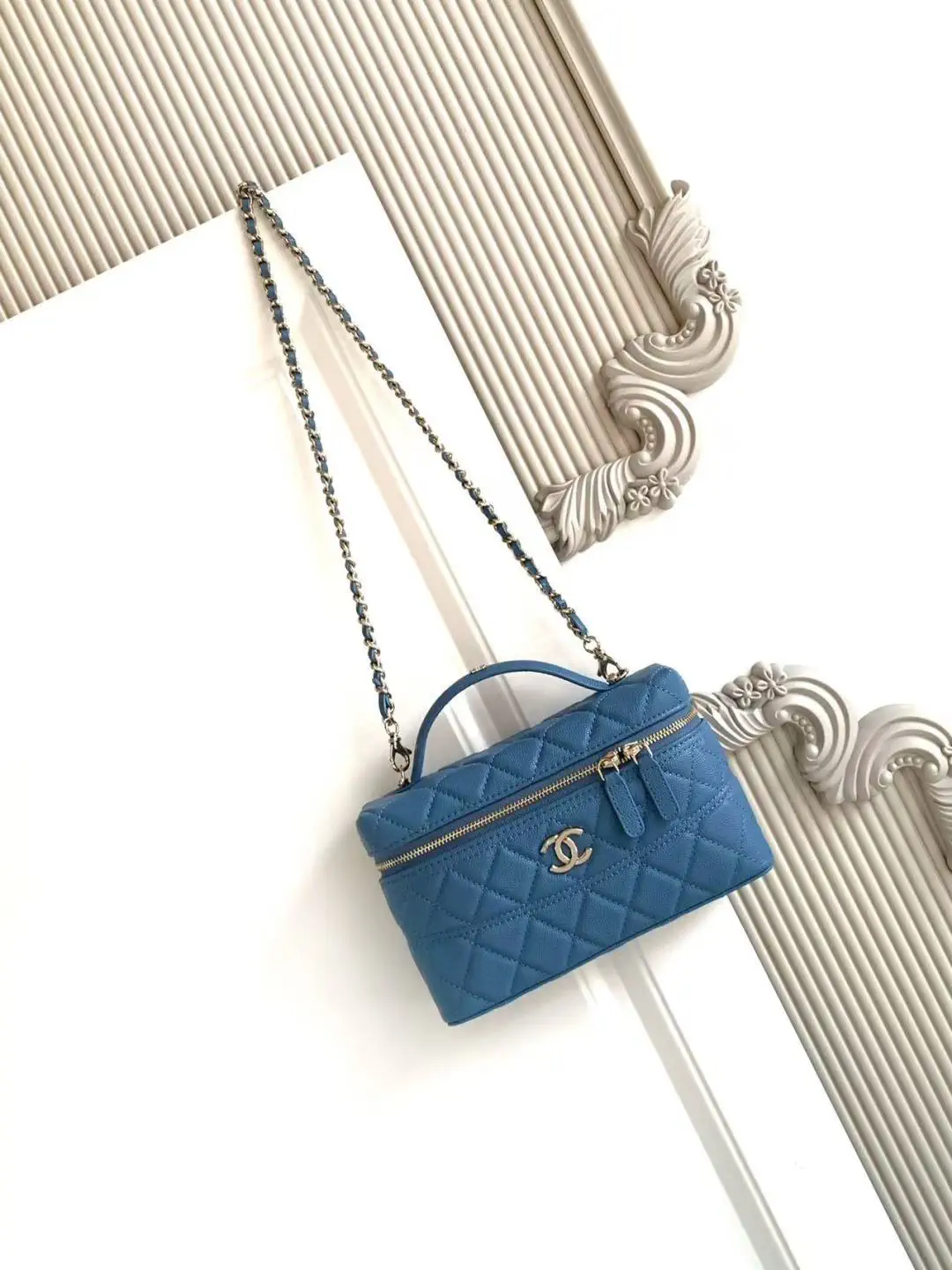 Chanel Blue Quilted Top Handle Bag with Chain Strap image 1
