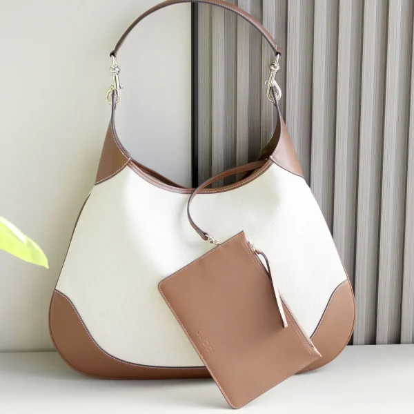 Gucci Canvas Shoulder Bag with Brown Leather Trim and Pouch image 1