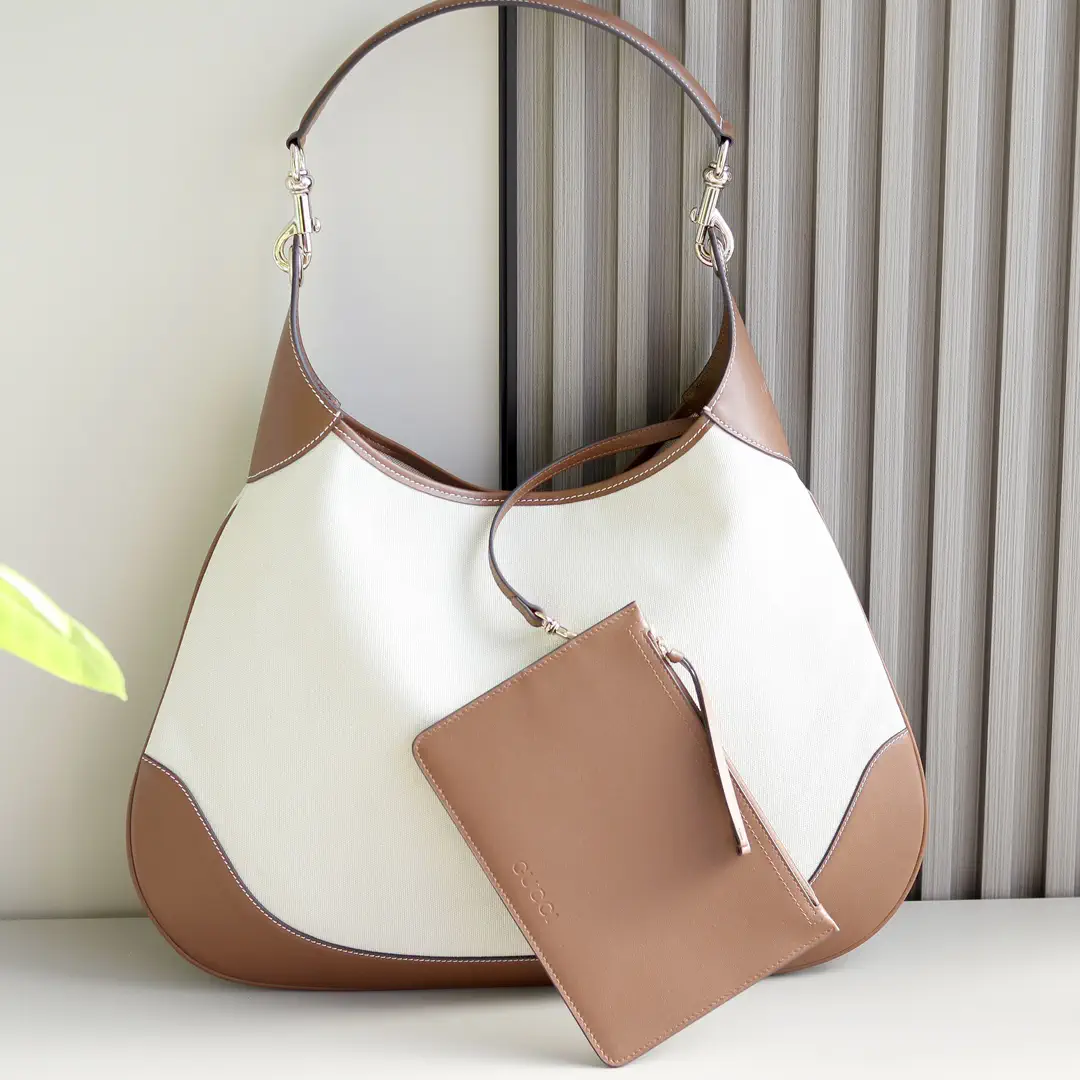 Gucci Canvas Shoulder Bag with Brown Leather Trim and Pouch image 1