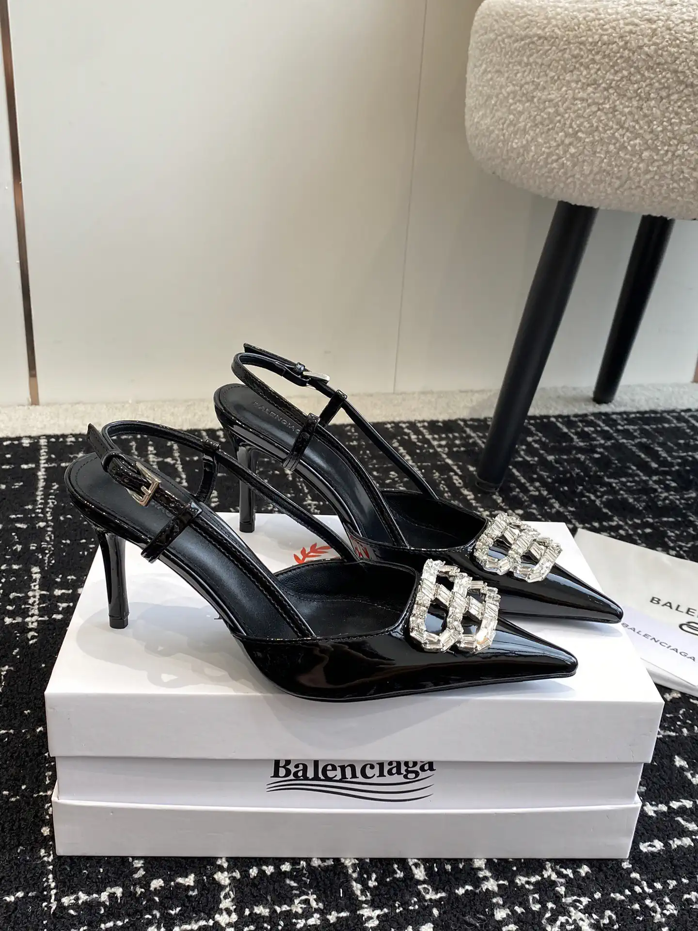 Balenciaga 24SS Pointed Toe Slingback Rhinestone Buckle High Heels image 1