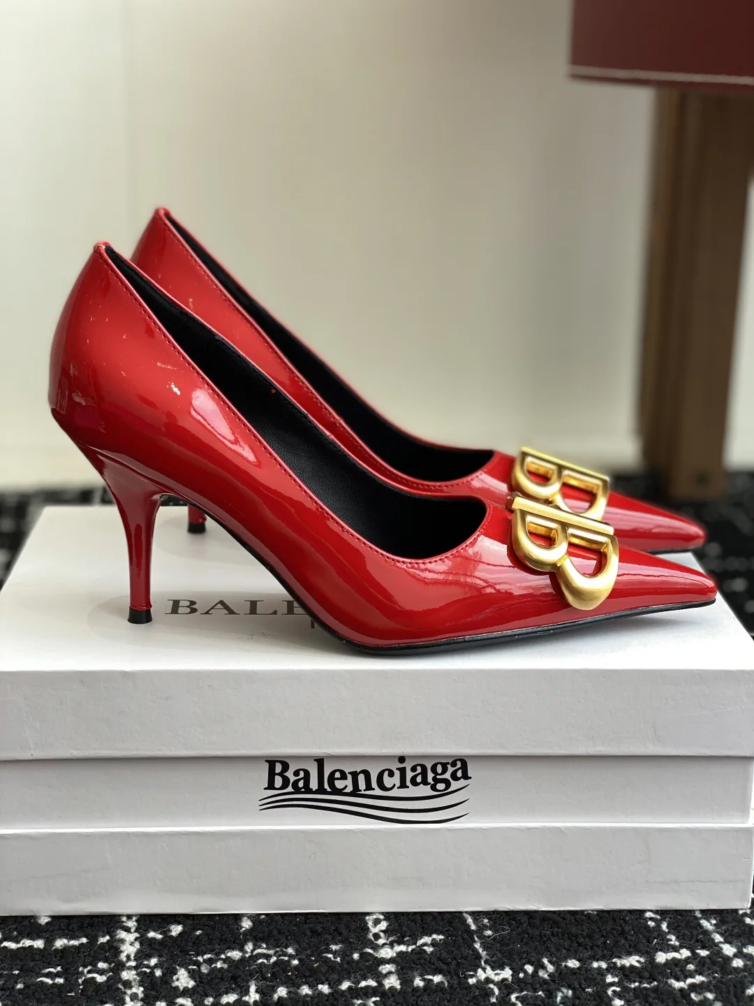 Balenciaga Double B Buckle Pointed Toe Patent Leather High Heels image 1