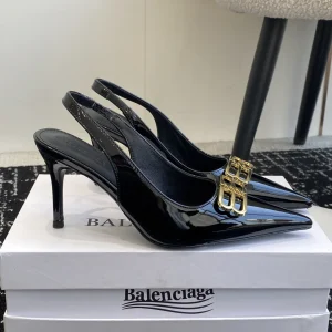Balenciaga 25ss Pointed Toe Slingback High Heel Pumps with Gold Double B Buckle image 1