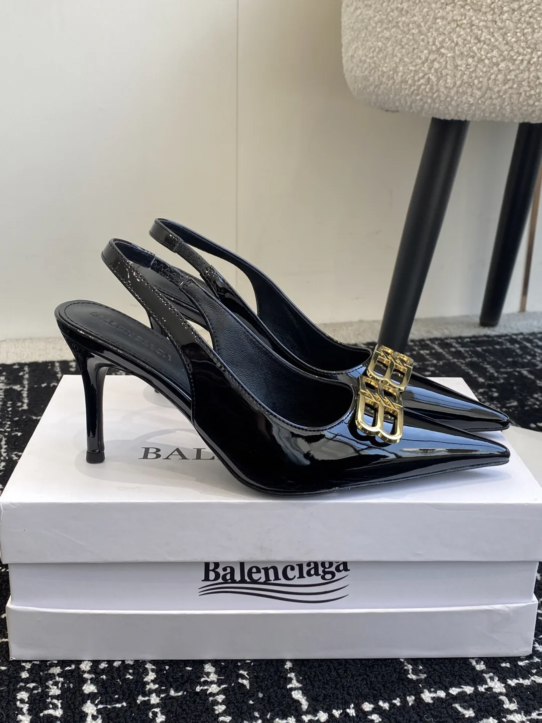 Balenciaga 25ss Pointed Toe Slingback High Heel Pumps with Gold Double B Buckle image 1