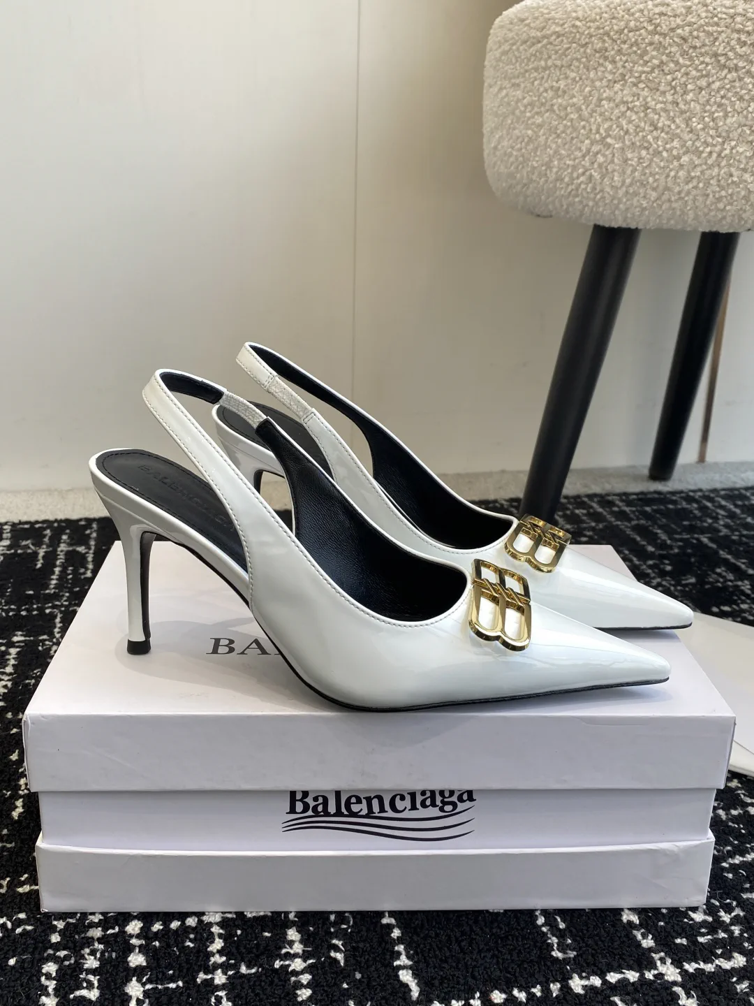 Balenciaga 25ss Pointed Toe Double B Gold Plated Slingback High Heel Pumps image 1