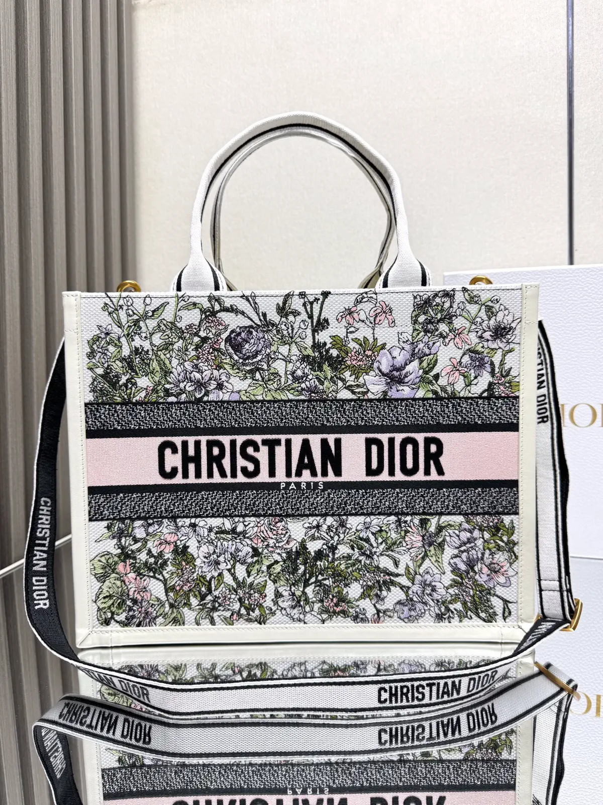 Dior Floral Embroidered Book Tote Bag with Shoulder Strap image 1