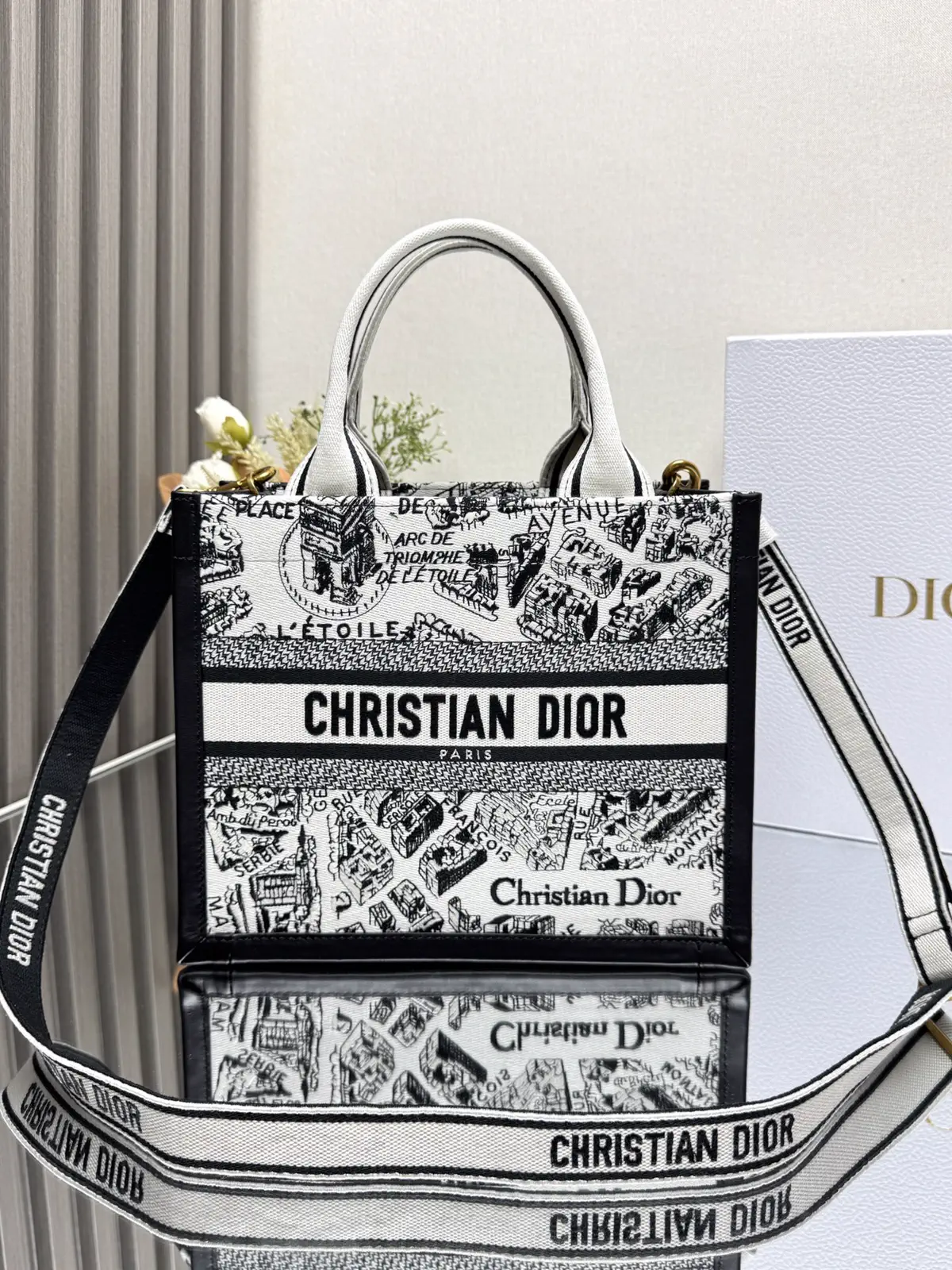 Dior Mini Book Tote Bag with Paris Map Embroidery and Shoulder Strap image 1