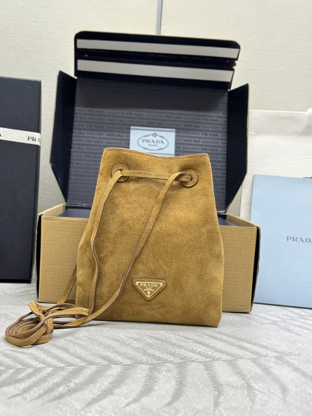 Prada Mini Suede Crossbody Bucket Bag image 1