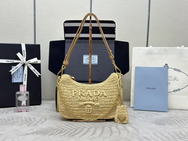 Prada Straw Embroidered Hobo Shoulder Bag image 1