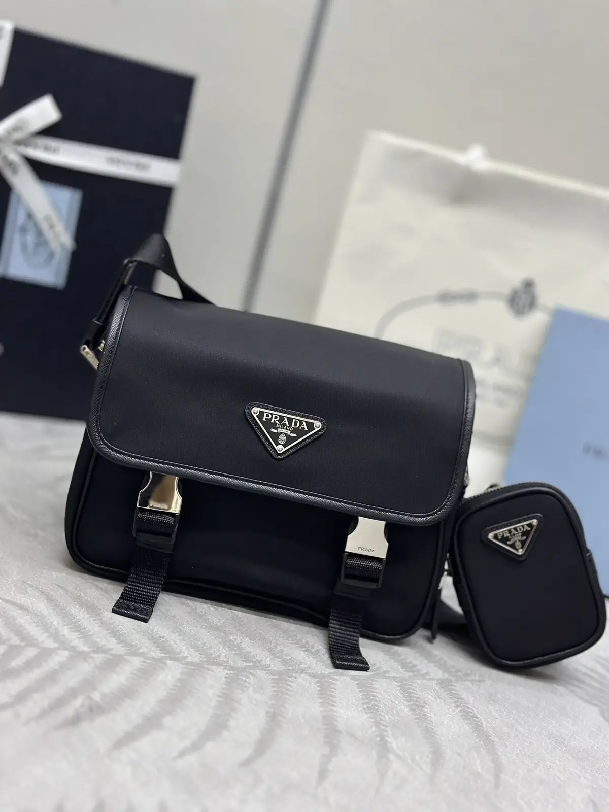 Prada Nylon Crossbody Messenger Bag with Attached Mini Pouch image 1
