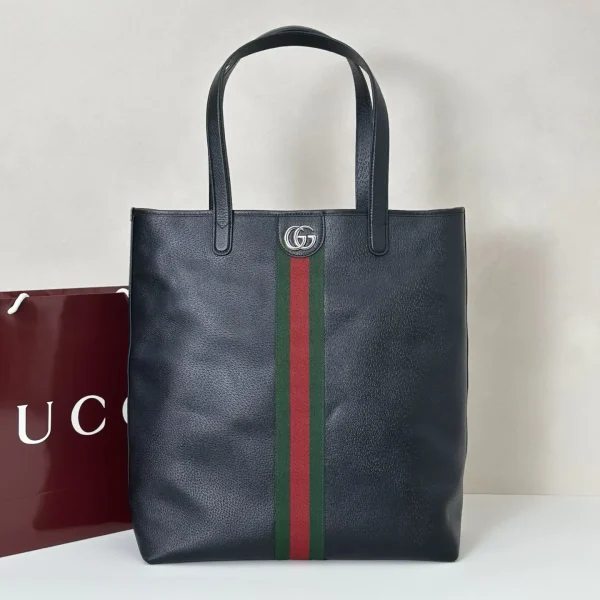 Gucci Black Leather Tote Bag with Web Stripe image 1