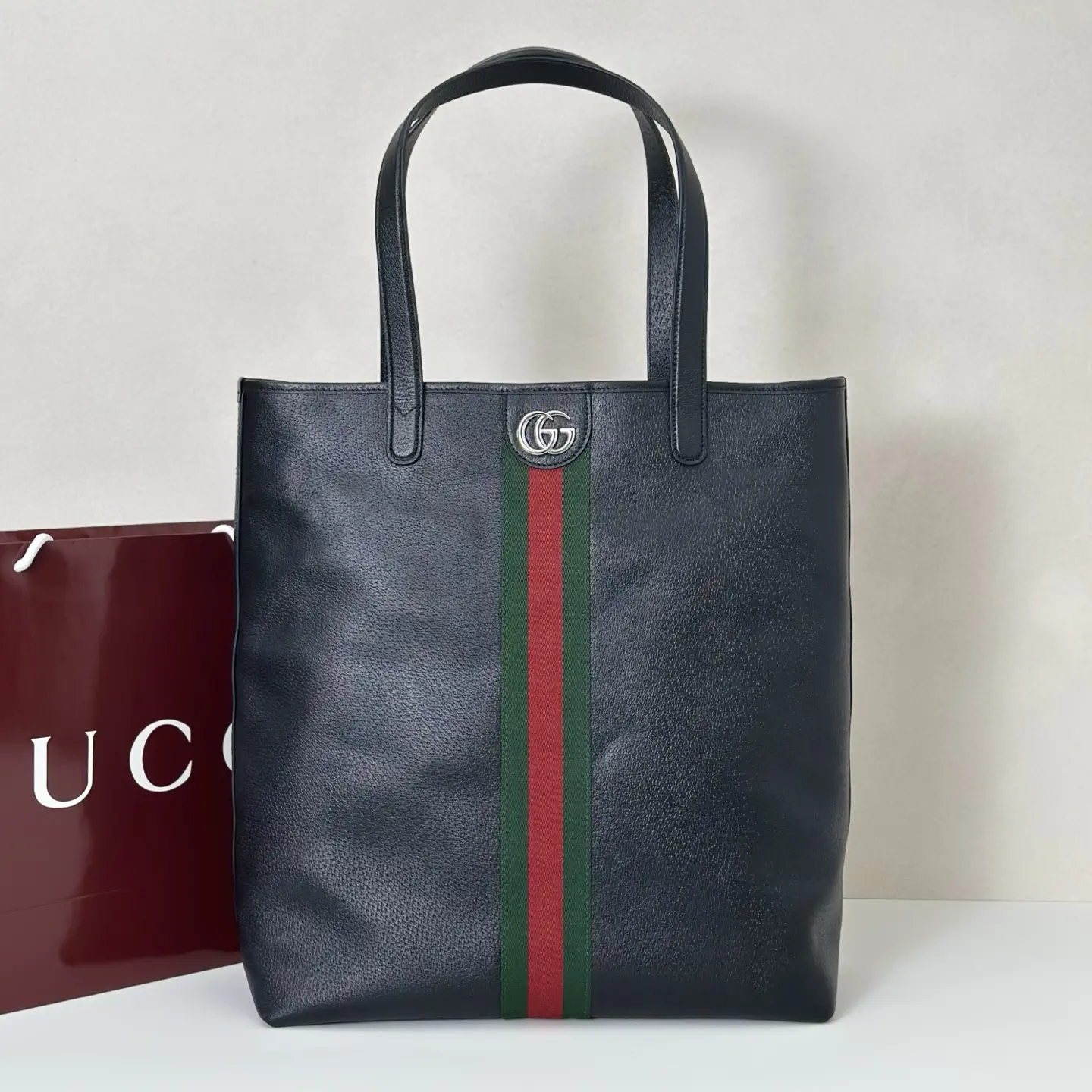 Gucci Black Leather Tote Bag with Web Stripe image 1