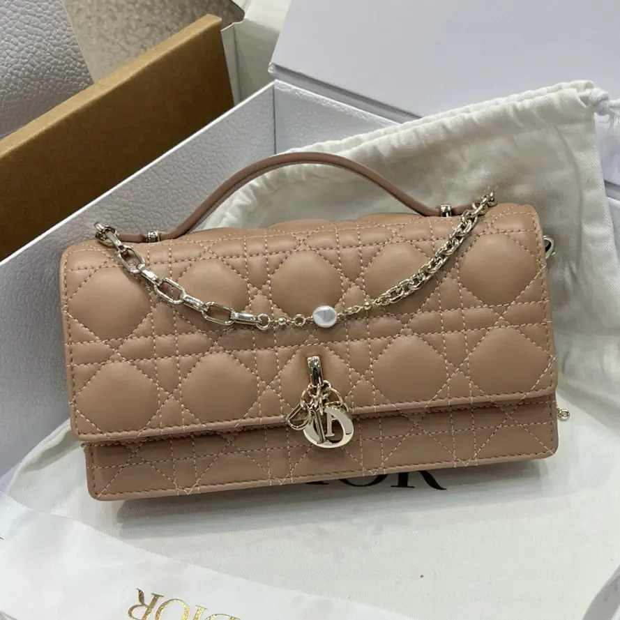 Dior Quilted Top Handle Bag with Pearl Chain image 1