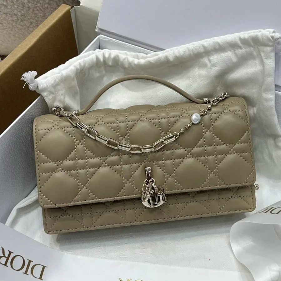 Dior Quilted Top Handle Bag with Pearl Chain image 1