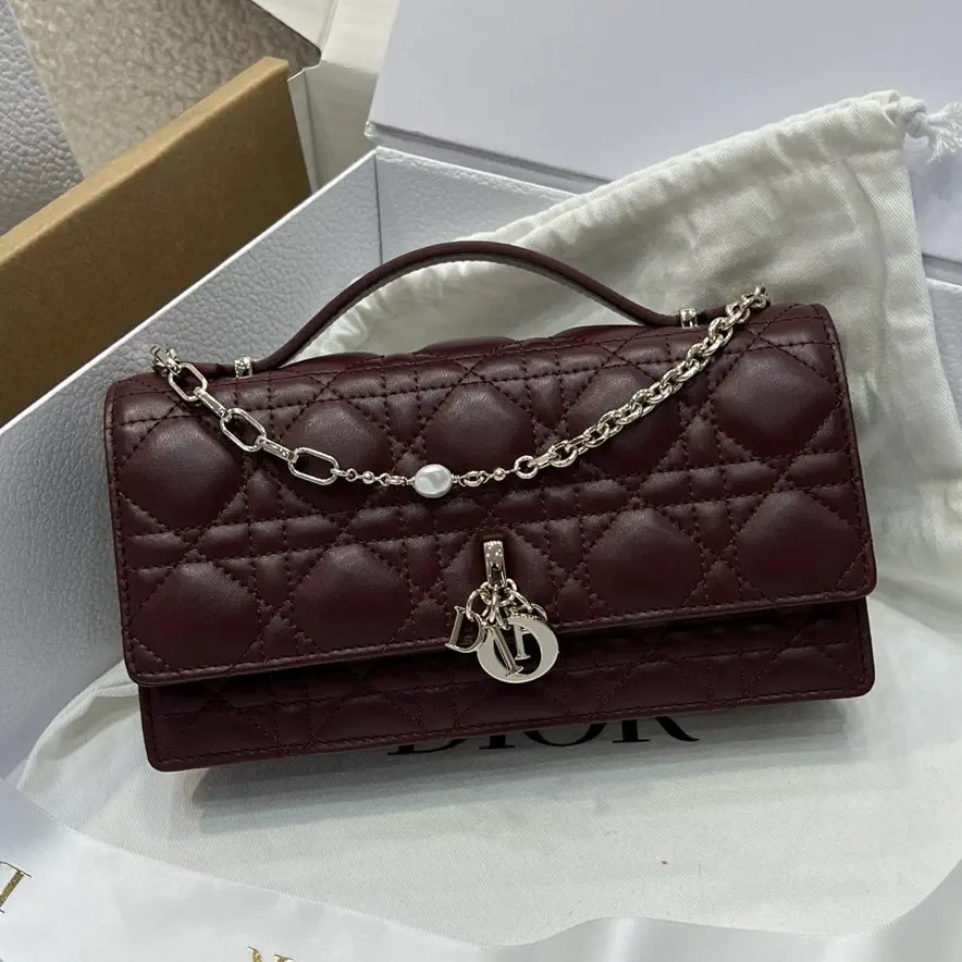 Dior Burgundy Quilted Top Handle Bag with Pearl Chain image 1