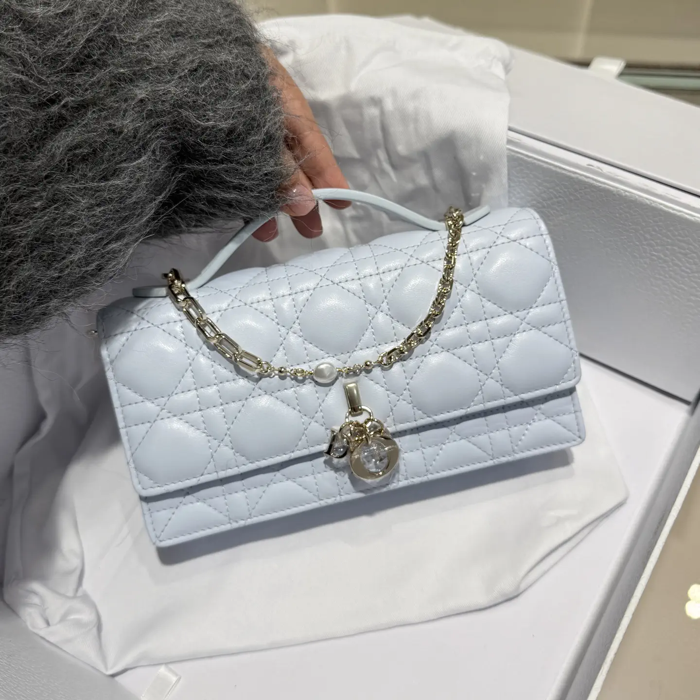 Dior Light Blue Quilted Mini Top Handle Bag with Pearl Chain image 1