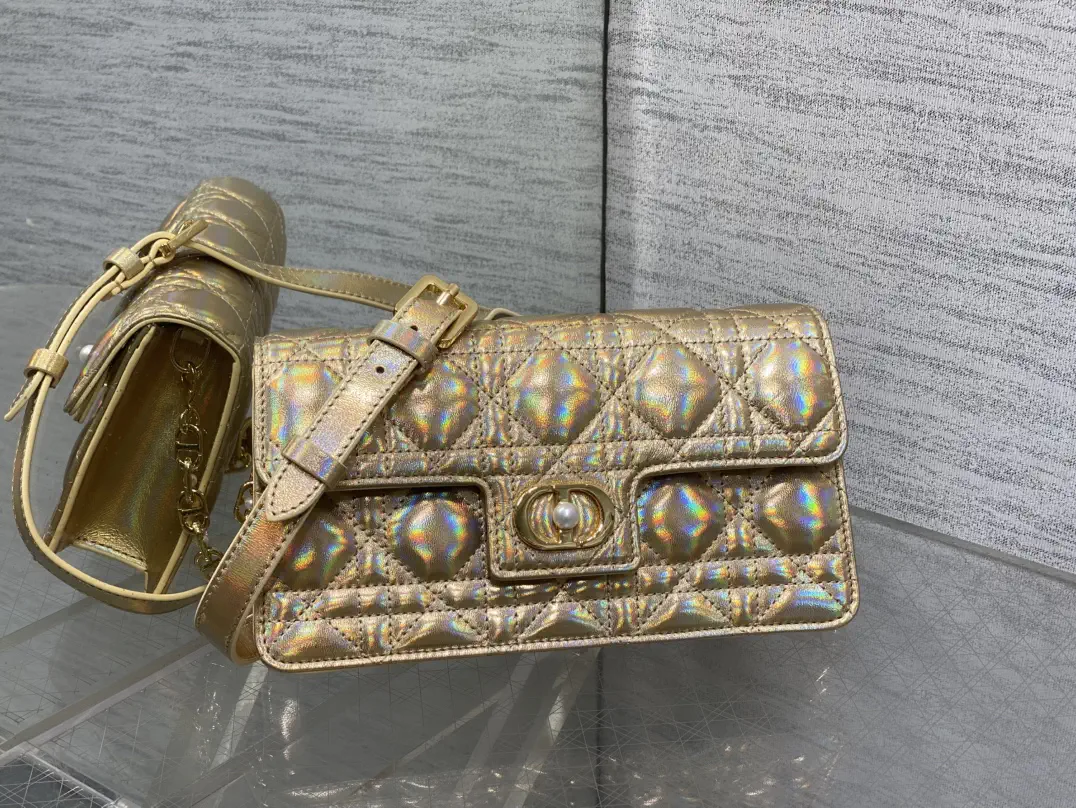 Dior Iridescent Gold Quilted Crossbody Bag with Pearl Chain image 1