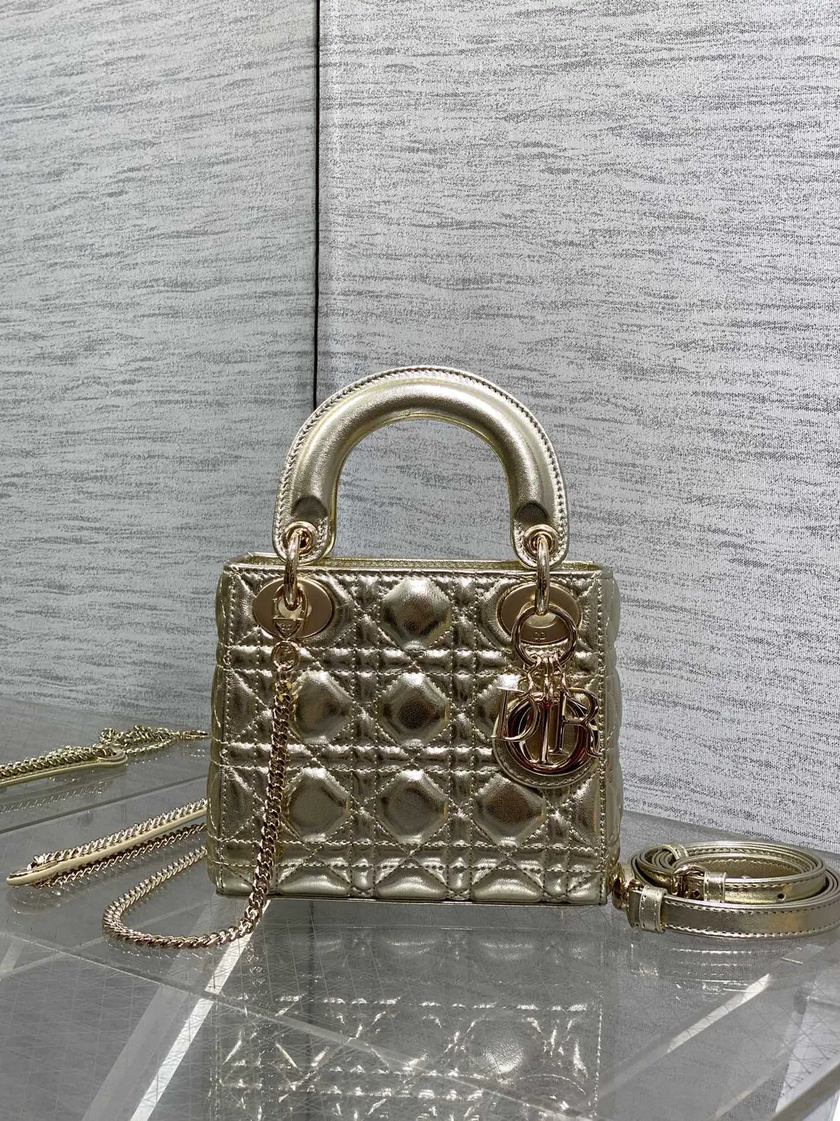 Dior Metallic Gold Quilted Mini Lady Top Handle Bag image 1