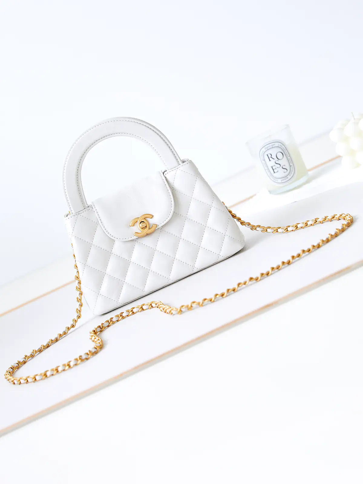 Chanel White Quilted Top Handle Bag with Chain Strap image 1