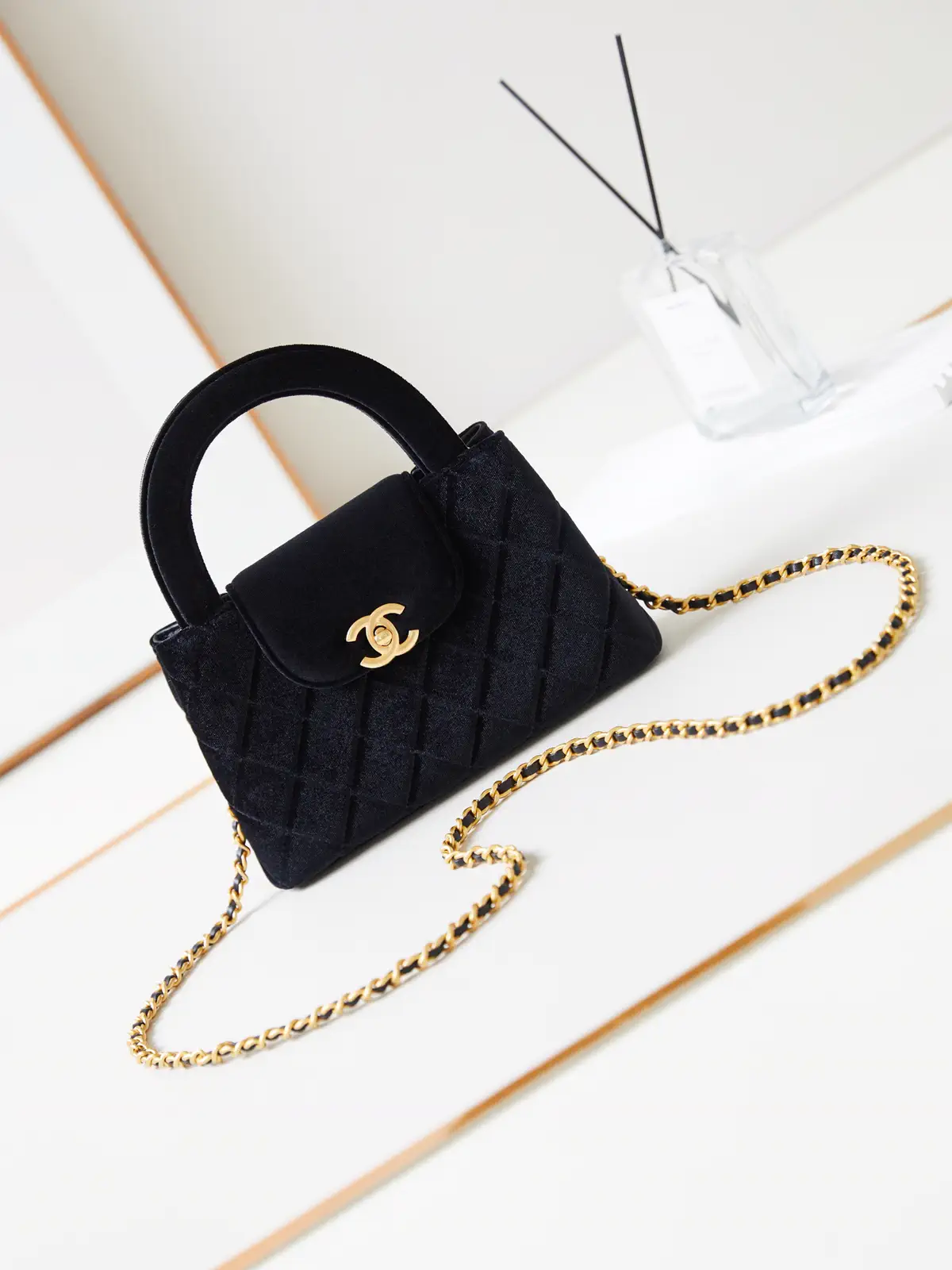 Chanel Black Quilted Velvet Kelly Bag with Chain Strap image 1