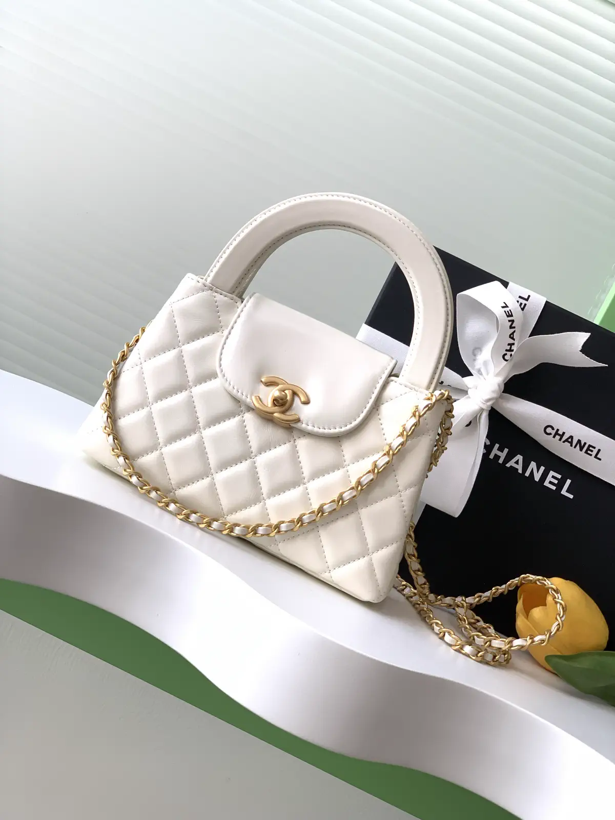 Chanel White Quilted Top Handle Bag with Chain Strap image 1
