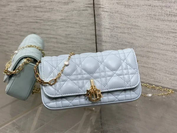 Dior Light Blue Quilted Crossbody Bag with Pearl Chain image 1