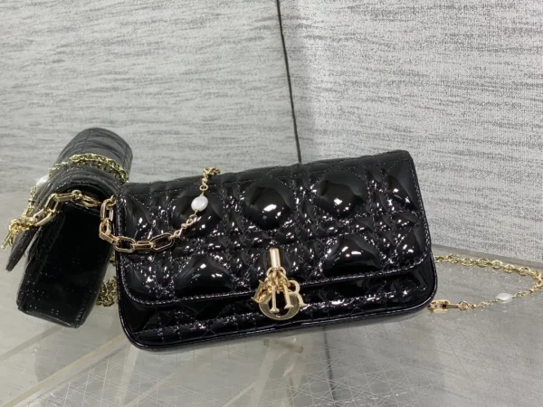 Dior Black Quilted Patent Leather Pearl Chain Crossbody Bag image 1