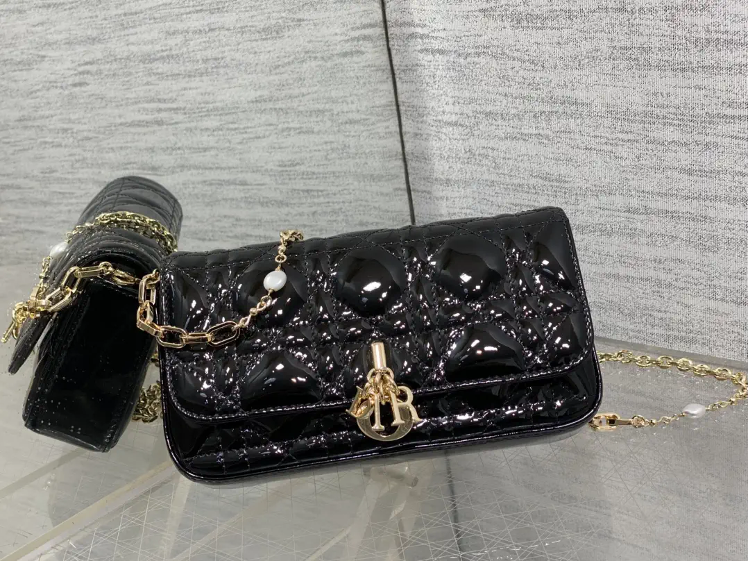 Dior Black Quilted Patent Leather Pearl Chain Crossbody Bag image 1