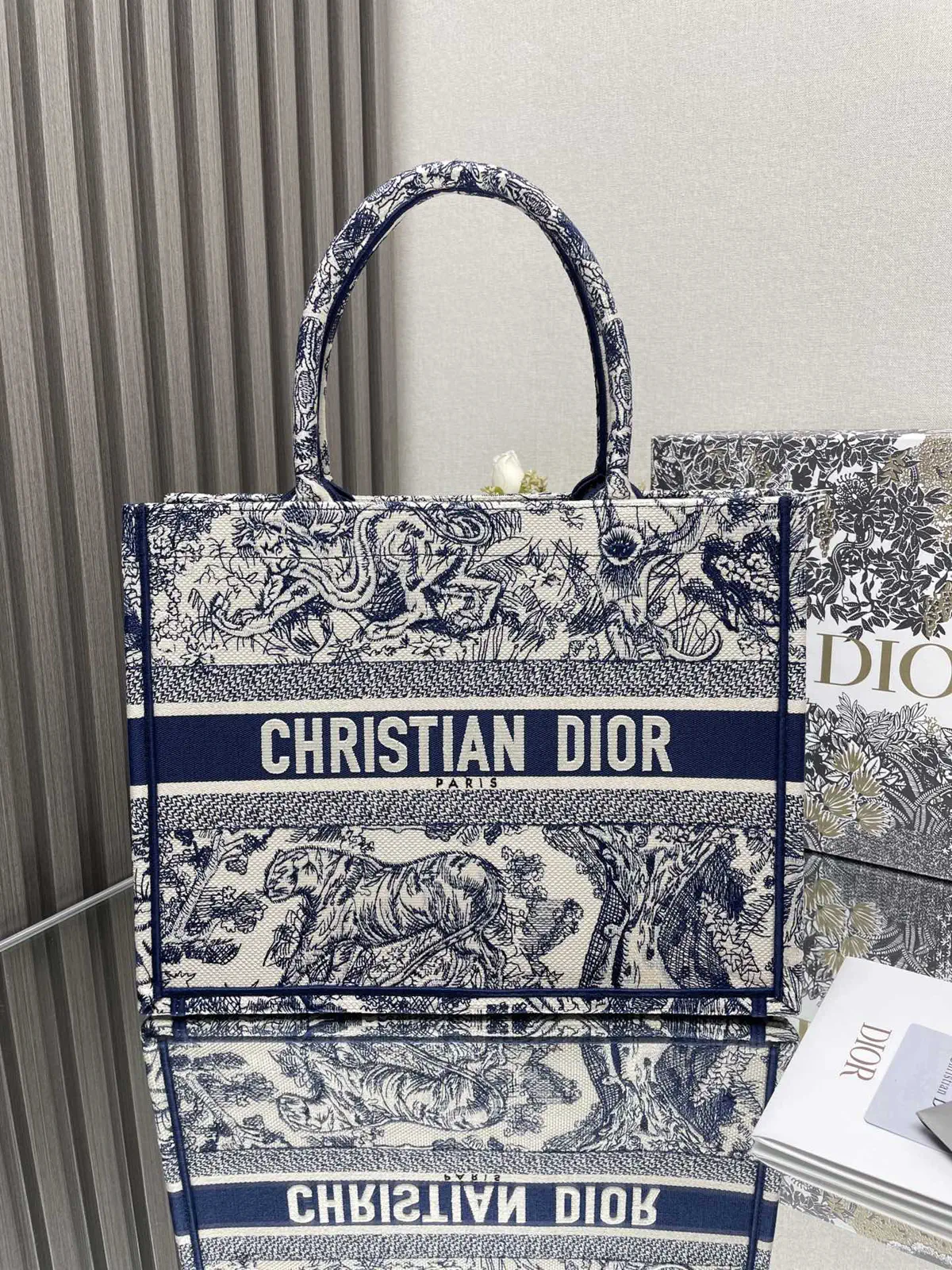 Dior Blue Tiger Embroidered Book Tote Bag image 1