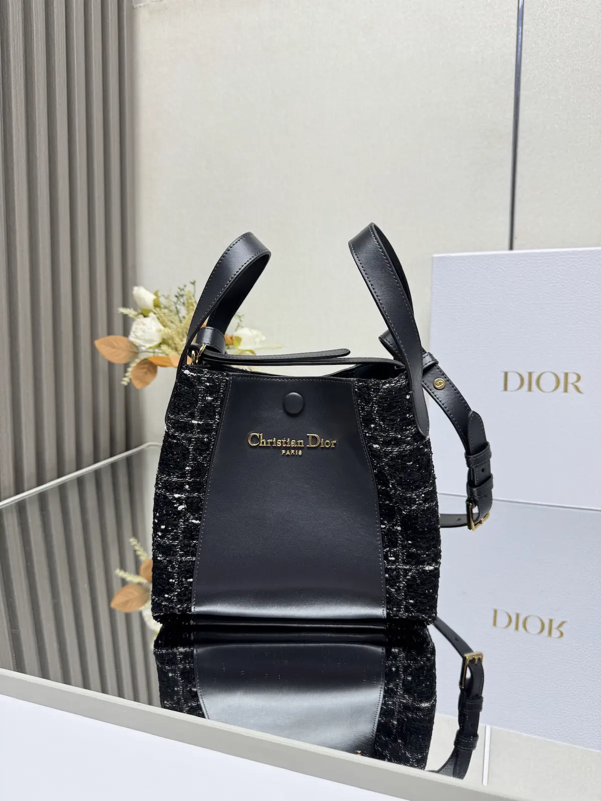 Dior Signature Bucket Bag with Checkerboard Fabric and Leather Trim image 1