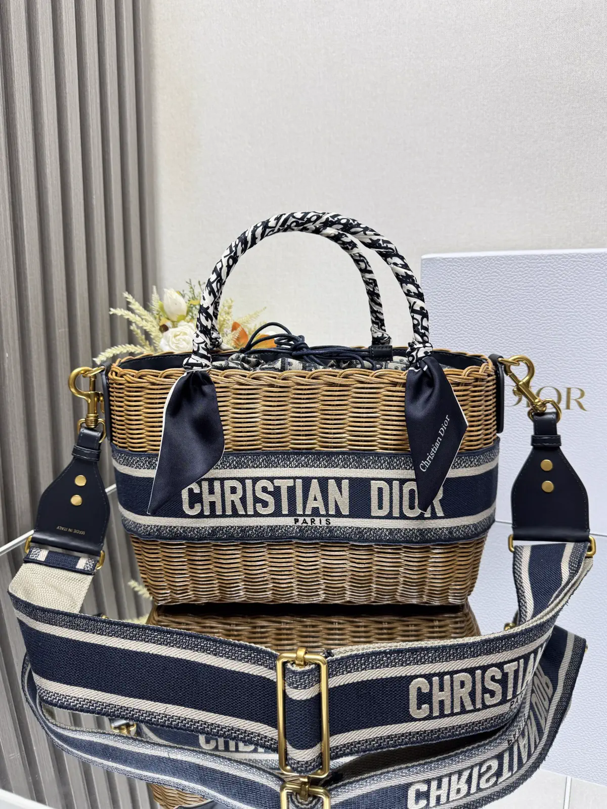 Dior Woven Basket Bag with Embroidered Shoulder Strap image 1