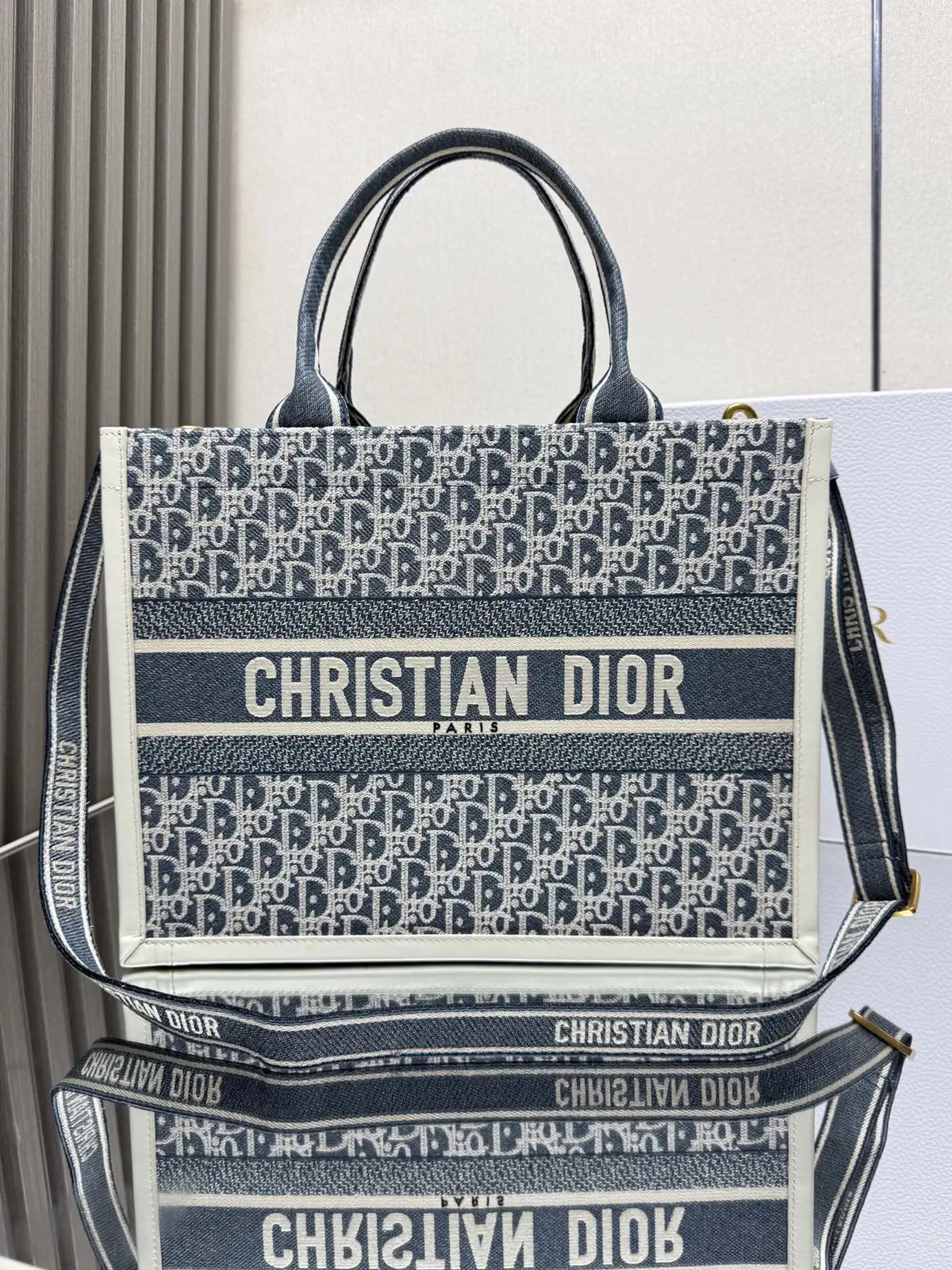 Dior Denim Blue Embroidered Book Tote Bag with Shoulder Strap image 1