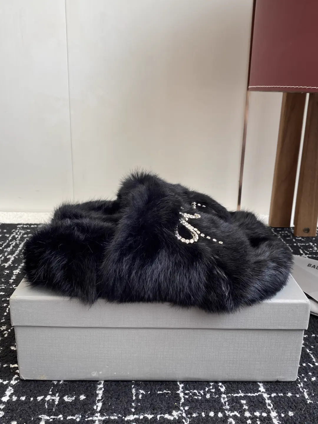 Balenciaga 25ss Mink Fur Slide Slippers with Rhinestone Bow image 1