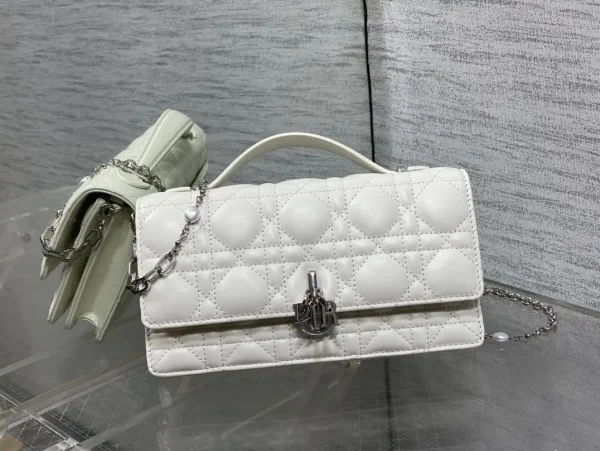 Dior White Quilted Top Handle Bag with Pearl Chain image 1