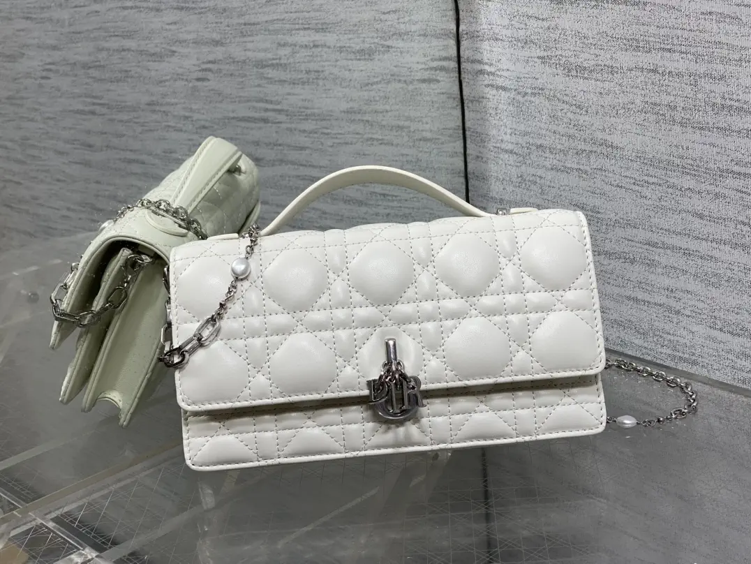 Dior White Quilted Top Handle Bag with Pearl Chain image 1