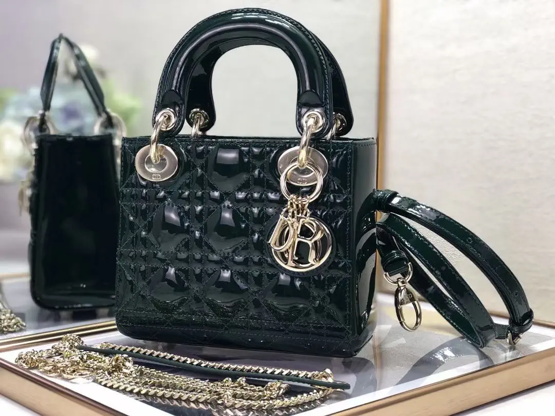 Dior Dark Green Quilted Patent Lady Top Handle Bag image 1
