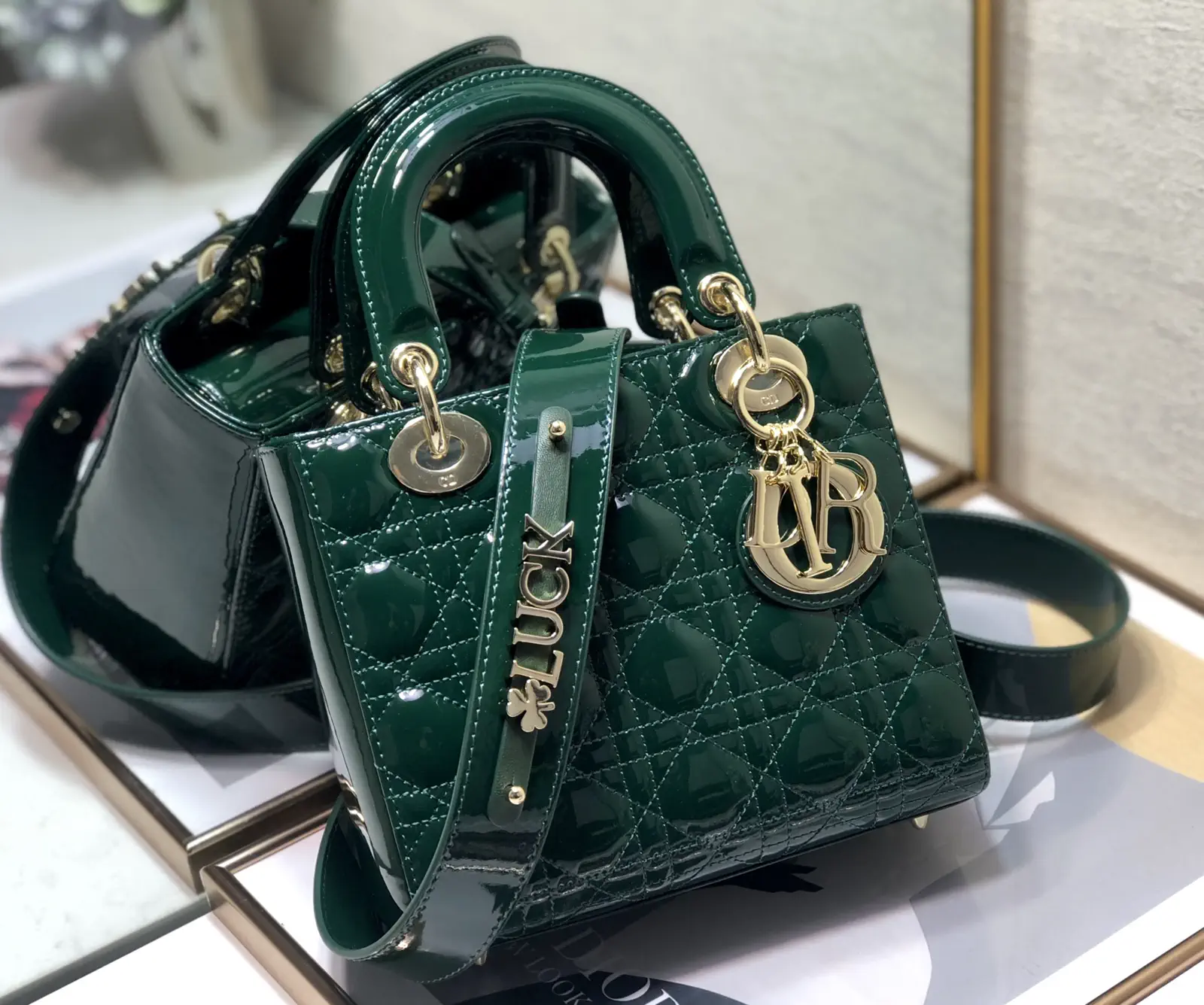 Dior Dark Green Quilted Patent Top Handle Bag image 1