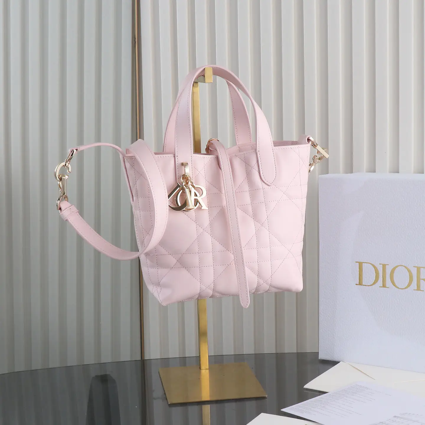 Dior Pink Quilted Small Vertical Tote Bag with Detachable Strap image 1