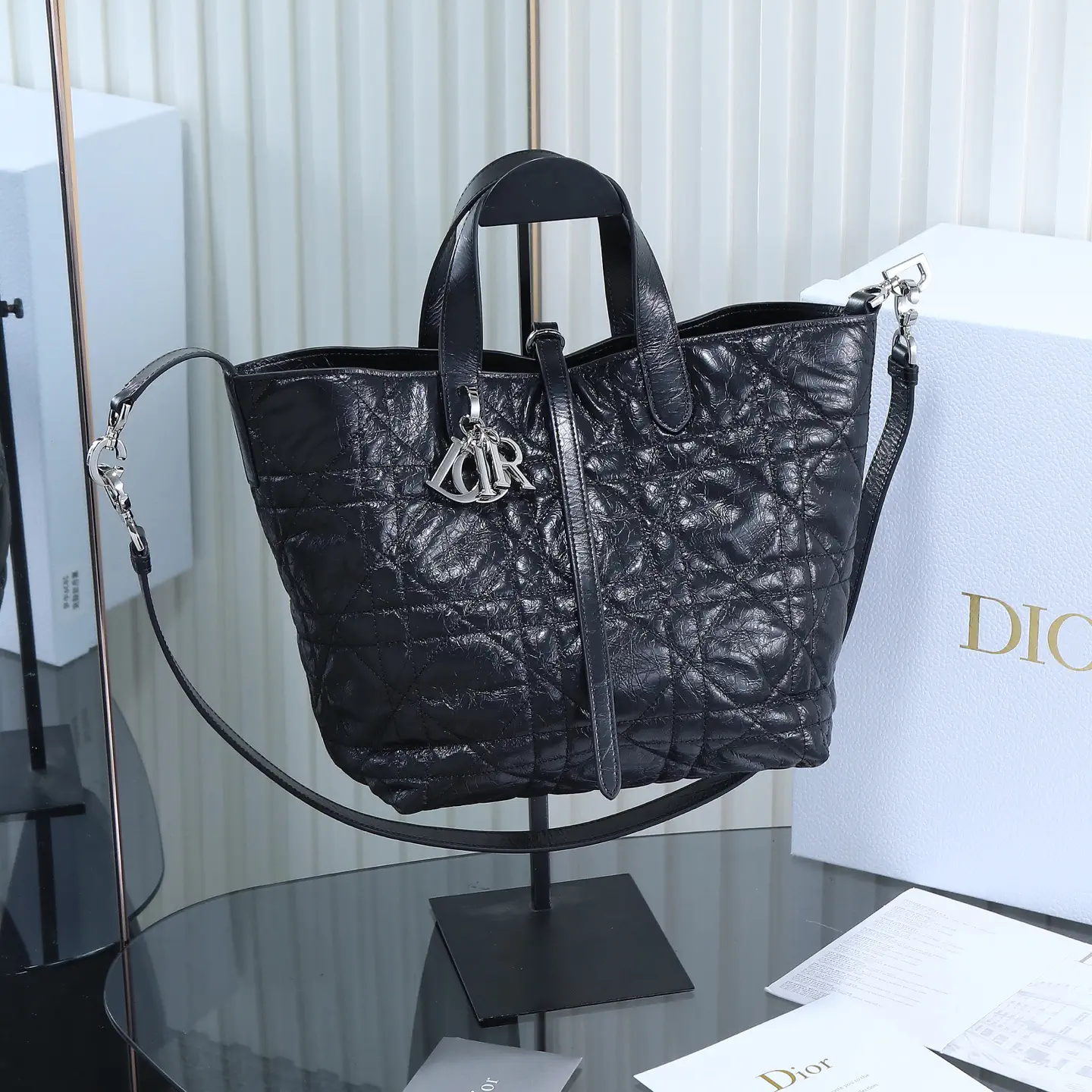 Dior Black Quilted Leather Tote Bag with Shoulder Strap image 1