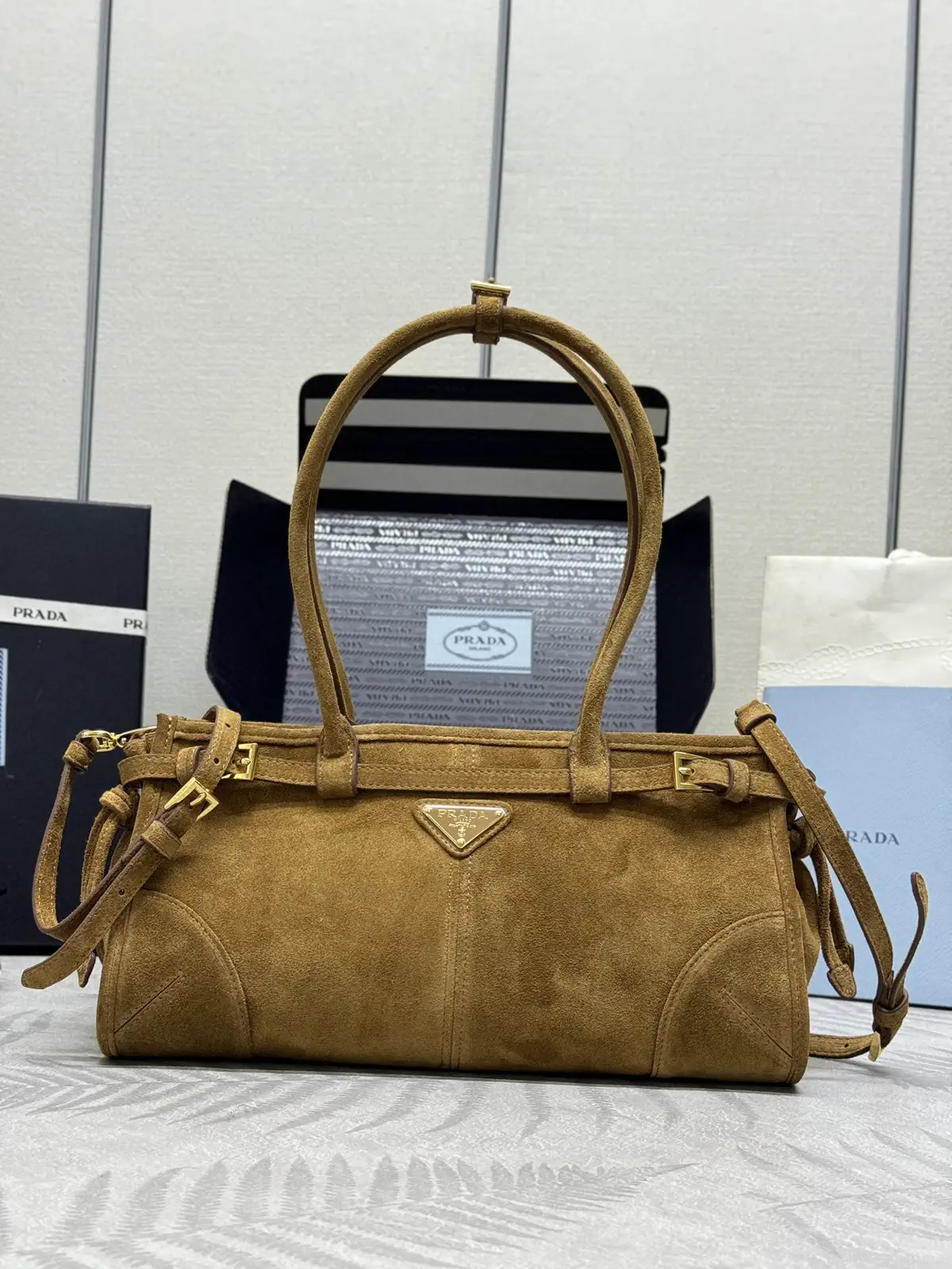 Prada Suede Top Handle Bag with Detachable Shoulder Strap image 1