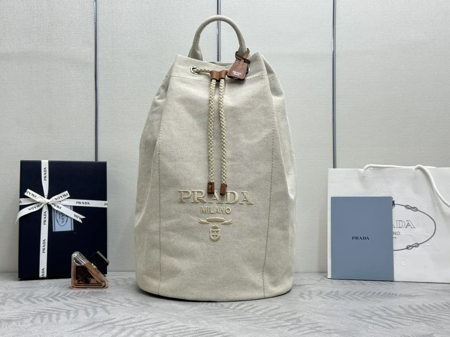 Prada Linen Blend Drawstring Duffle Bag image 1