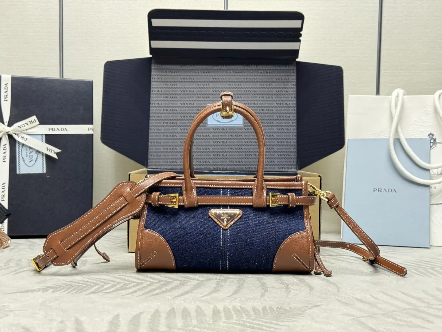 Prada Denim and Leather Mini Top Handle Crossbody Bag image 1