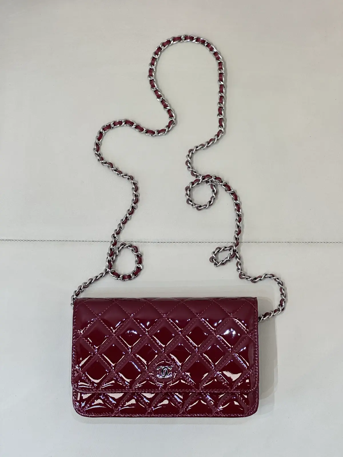 Chanel Burgundy Quilted Patent Leather Wallet on Chain image 1